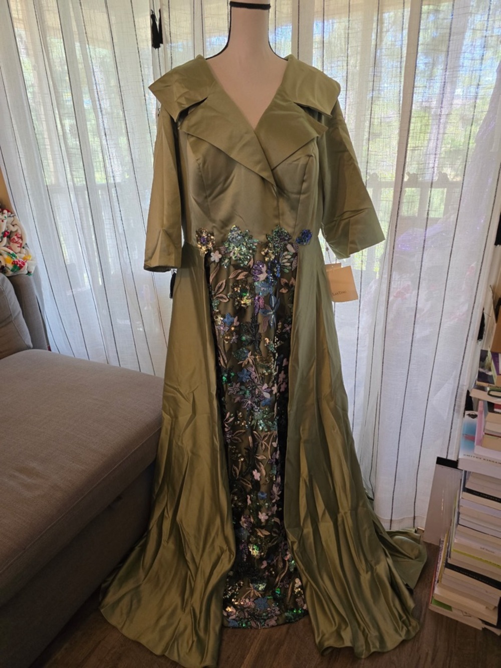 Olive Green Maxi Dress with Floral Sequin Embellishment